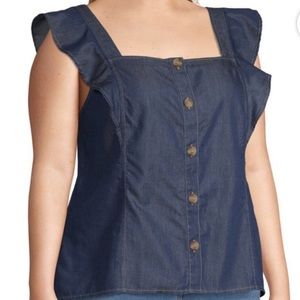 A.n.a Flutter Sleeve Square Neck Top denim like material Size XL. EUC